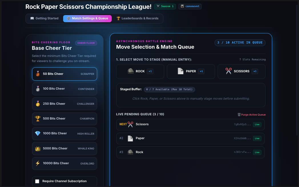 Twitch Broadcaster Extension Match Settings and Move Queue Page
