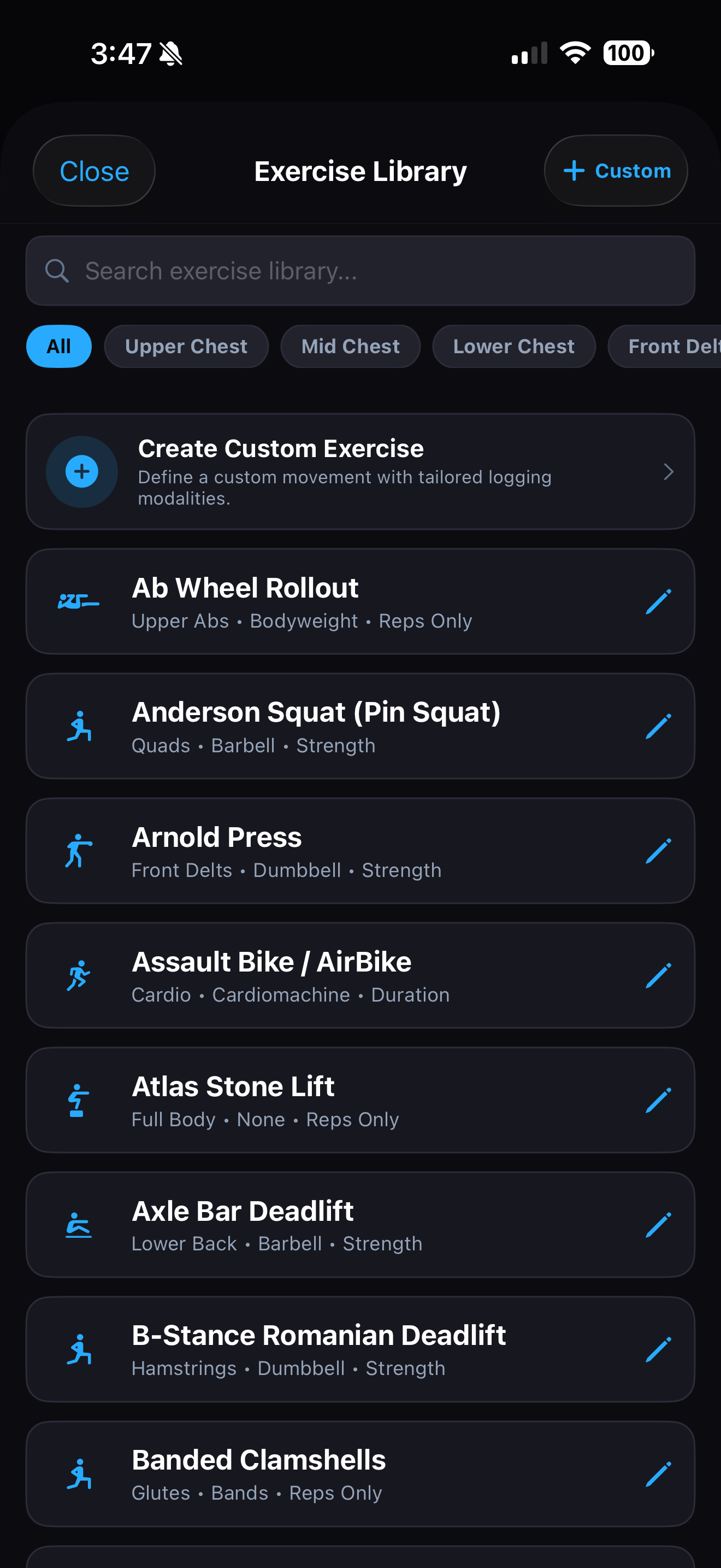 Fit JRNL Custom Exercise Library