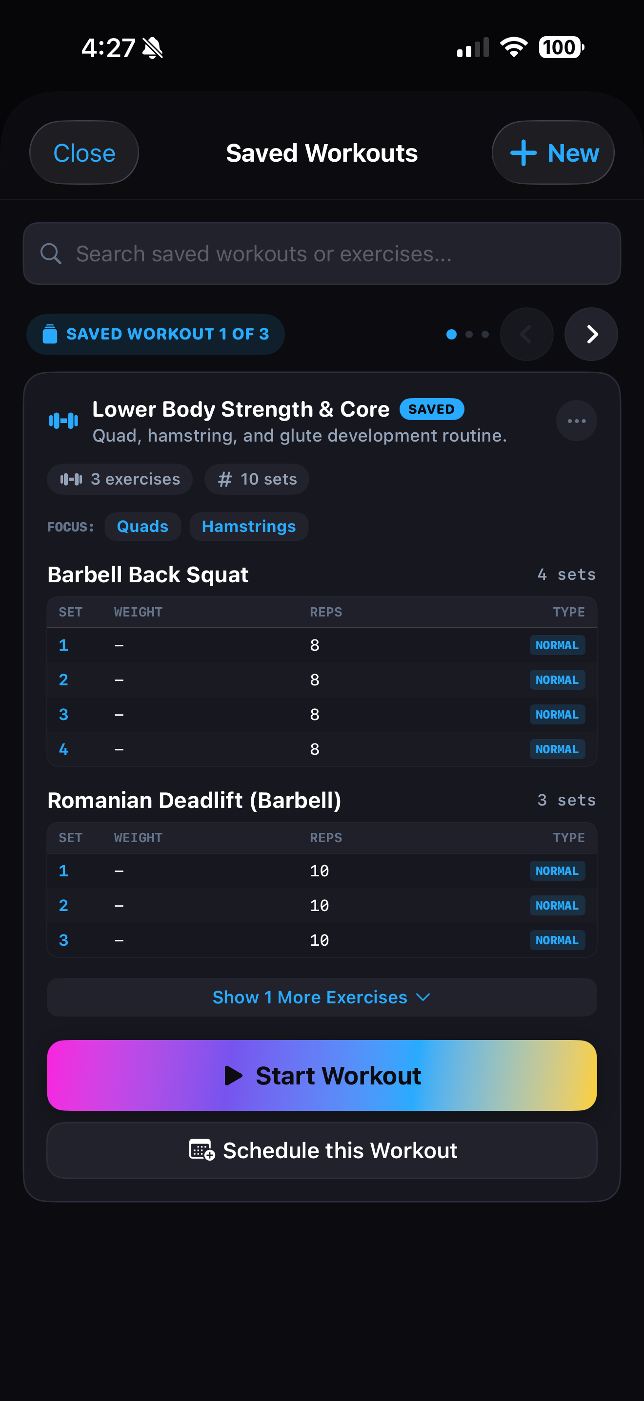 Fit JRNL Saved Workout Routines